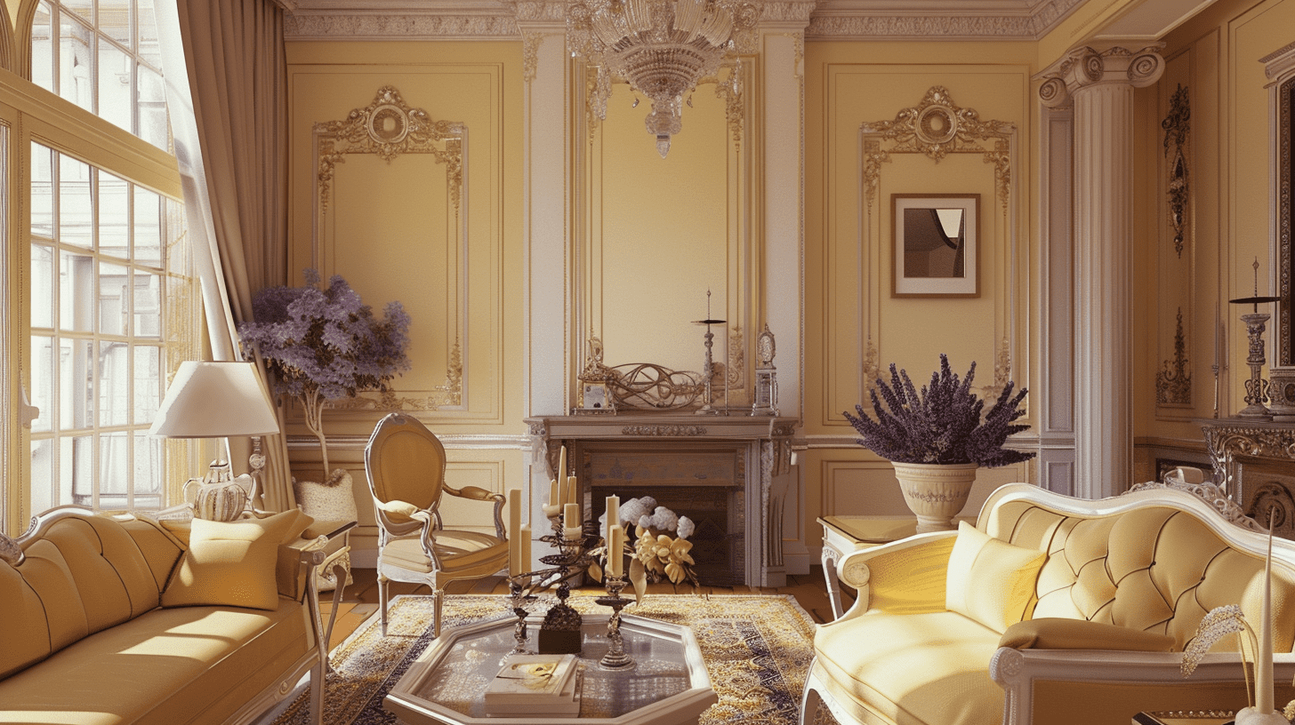 A beautifully chic Parisian living room with elegant furniture, columns, yellow walls and vases of fresh purple lavender
