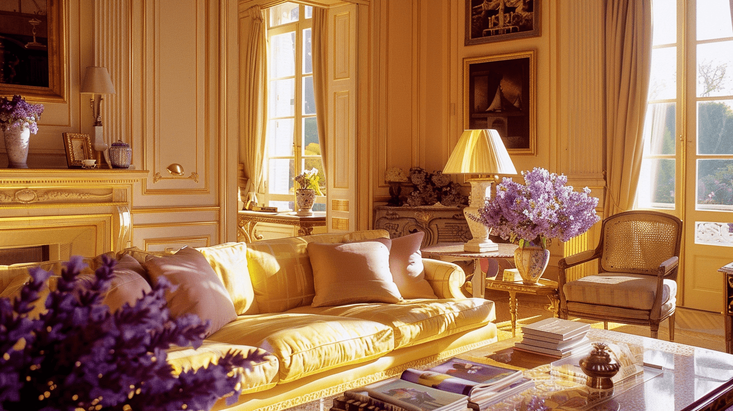 An elegant French-style living room with deep yellow walls, elegant sofas with lavender 