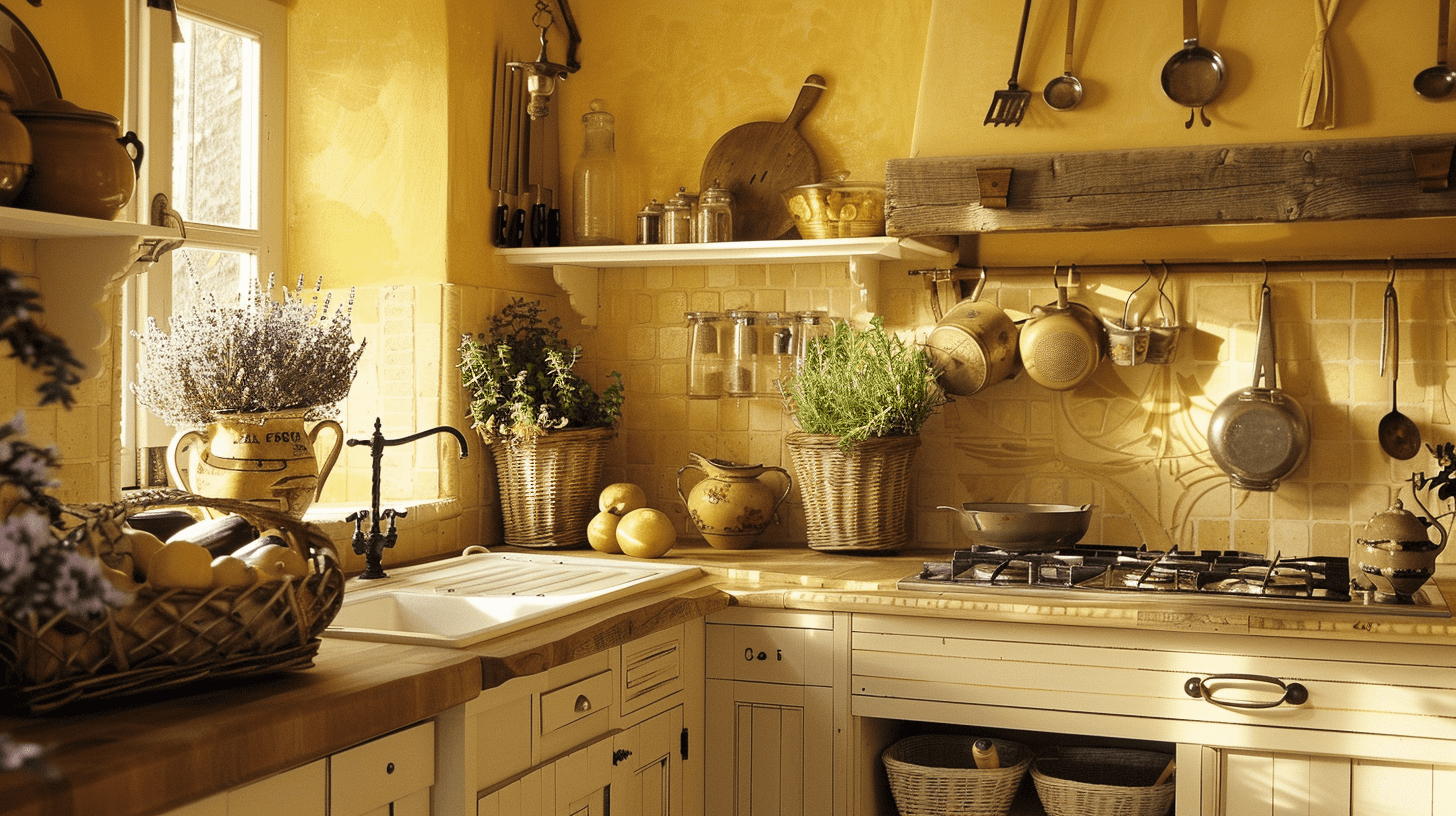A Provencal kitchen with butcher block counter tops, pale yellow walls, white cupboards, and lavender pot plants