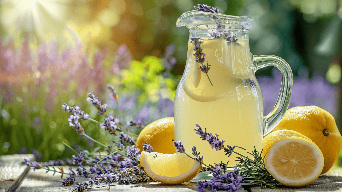a glass jug of lavender lemon with cut lemons and lavender on the table next to the jug a glass jug of lavender lemon with cut lemons and lavender on the table next to the jug