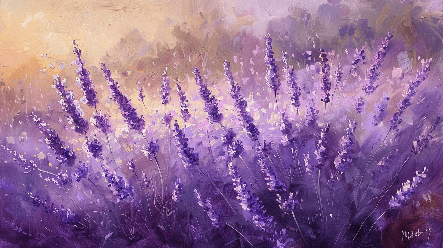 An original oil painting of lavender and glass oil bottles