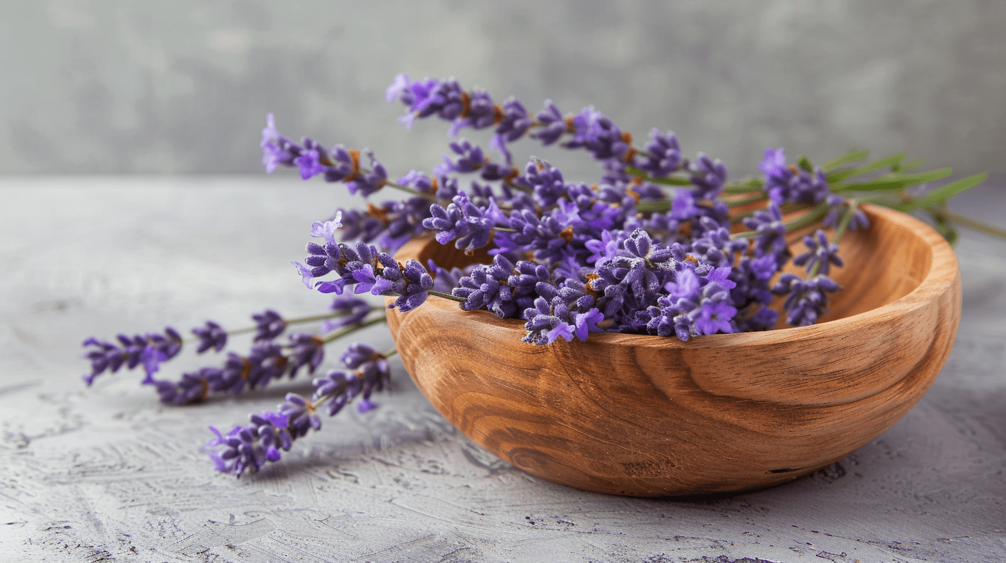 A wooden bowl with sprigs of lavender lying on top A wooden bowl with sprigs of lavender lying on top