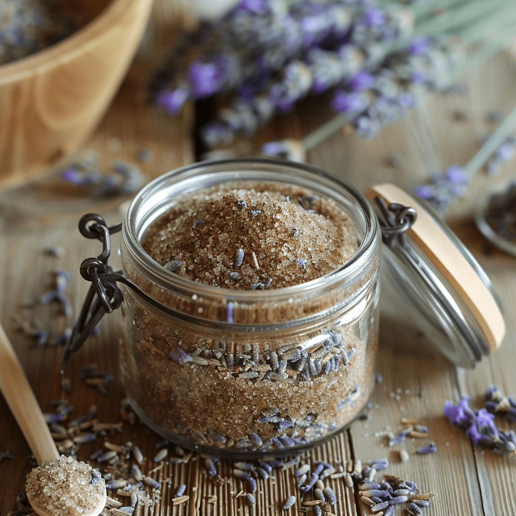 brown lavender sugar with whole lavender buds in a kilner jar