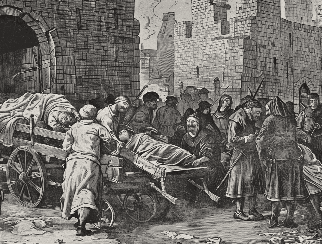 The dead and dying being carried off in carts during the Bubonic Plague