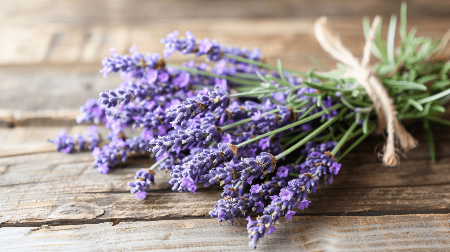 A bunch of lavender tied with string lying on a old wooden table A bunch of lavender tied with string lying on a old wooden table