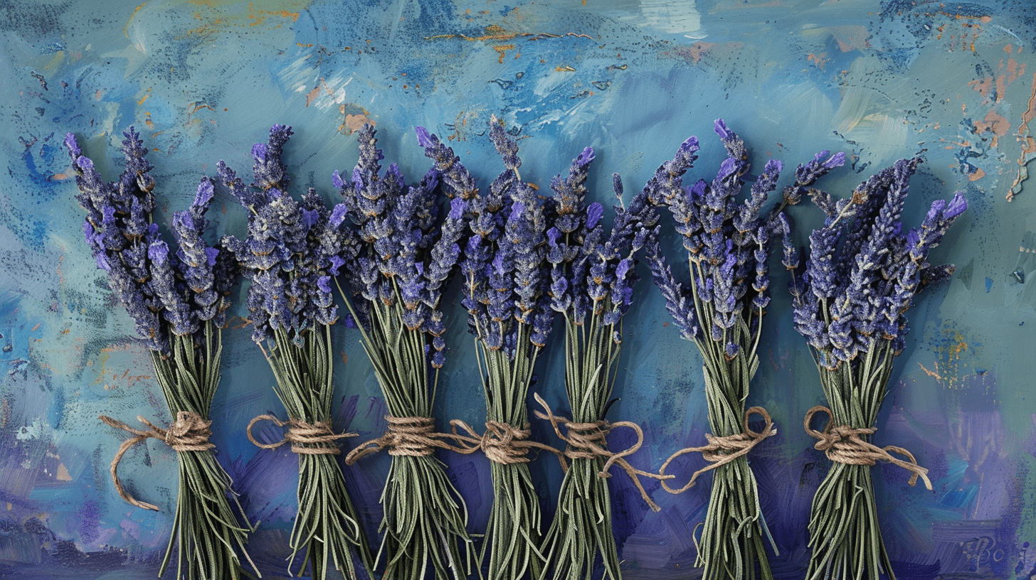 7 bunches of lavender propped up against a blue wall