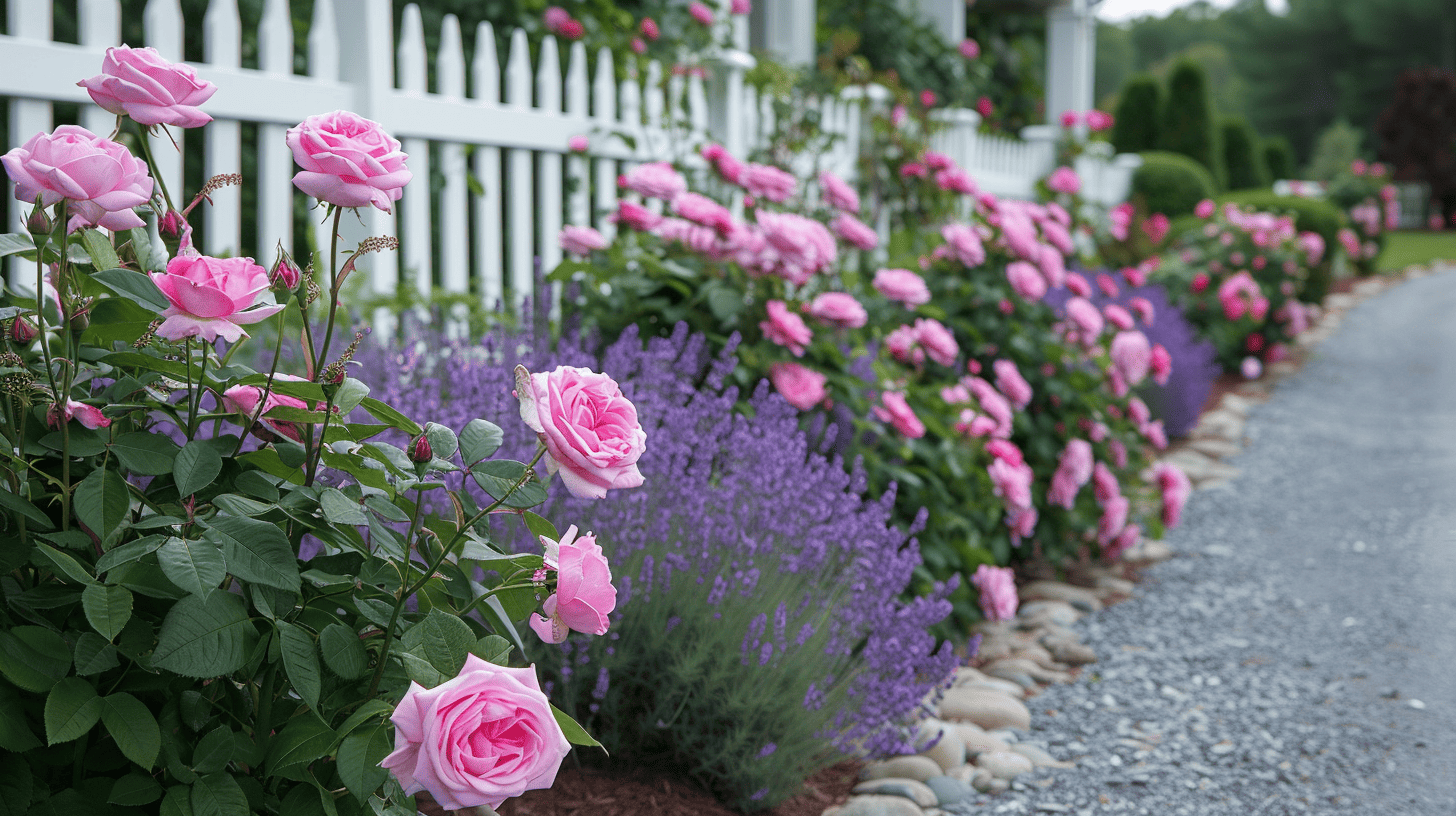 lavender and roses grown together along a white picket fence