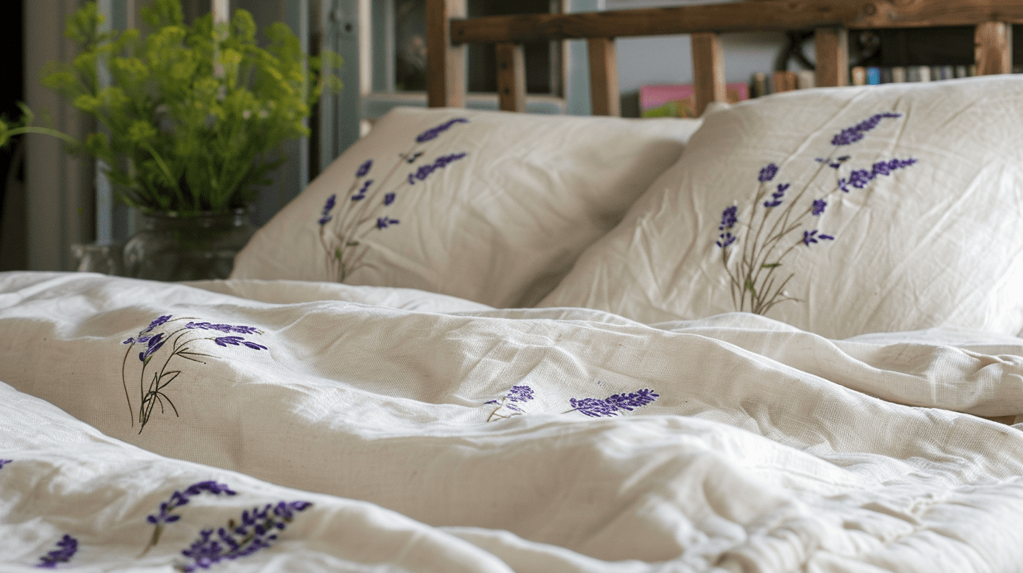 A double bed with white cotton duvet and pillow cases decorated with lavender