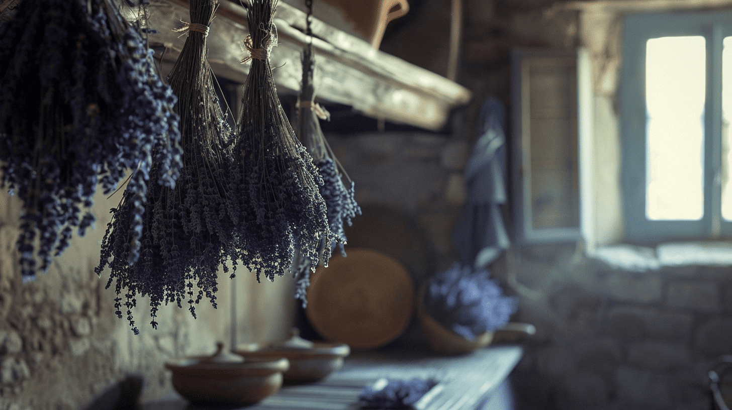 Drying lavender hanging upside down in an old French kitchen