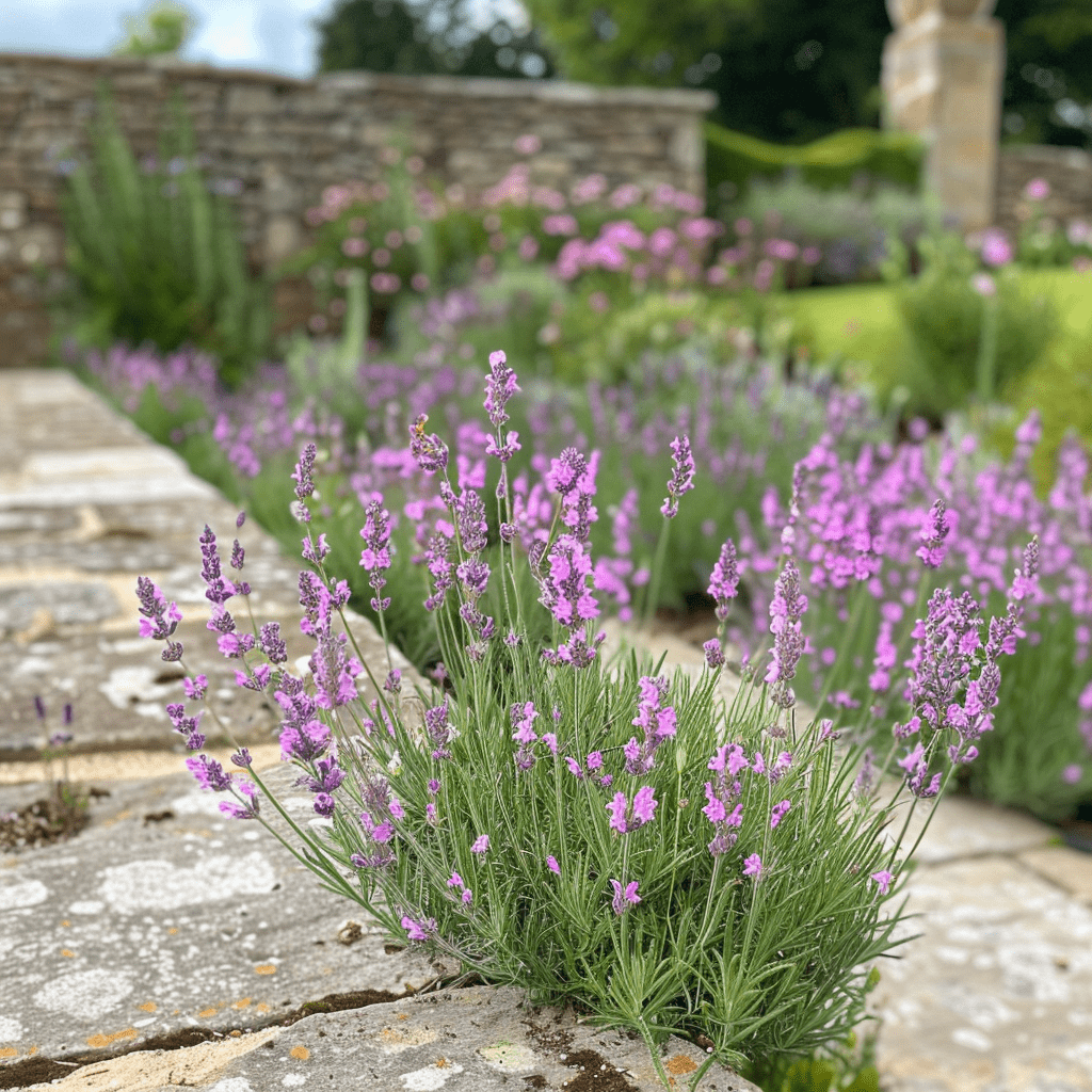 a dwarf lavender variety growing out of a stone wall