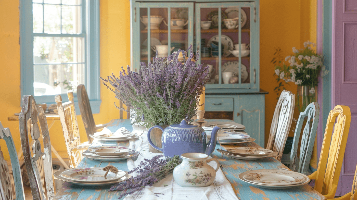 A French style country kitchen with destressed wooden furniture, mismatched chairs and a color combination of pale blue, yellow and lavender