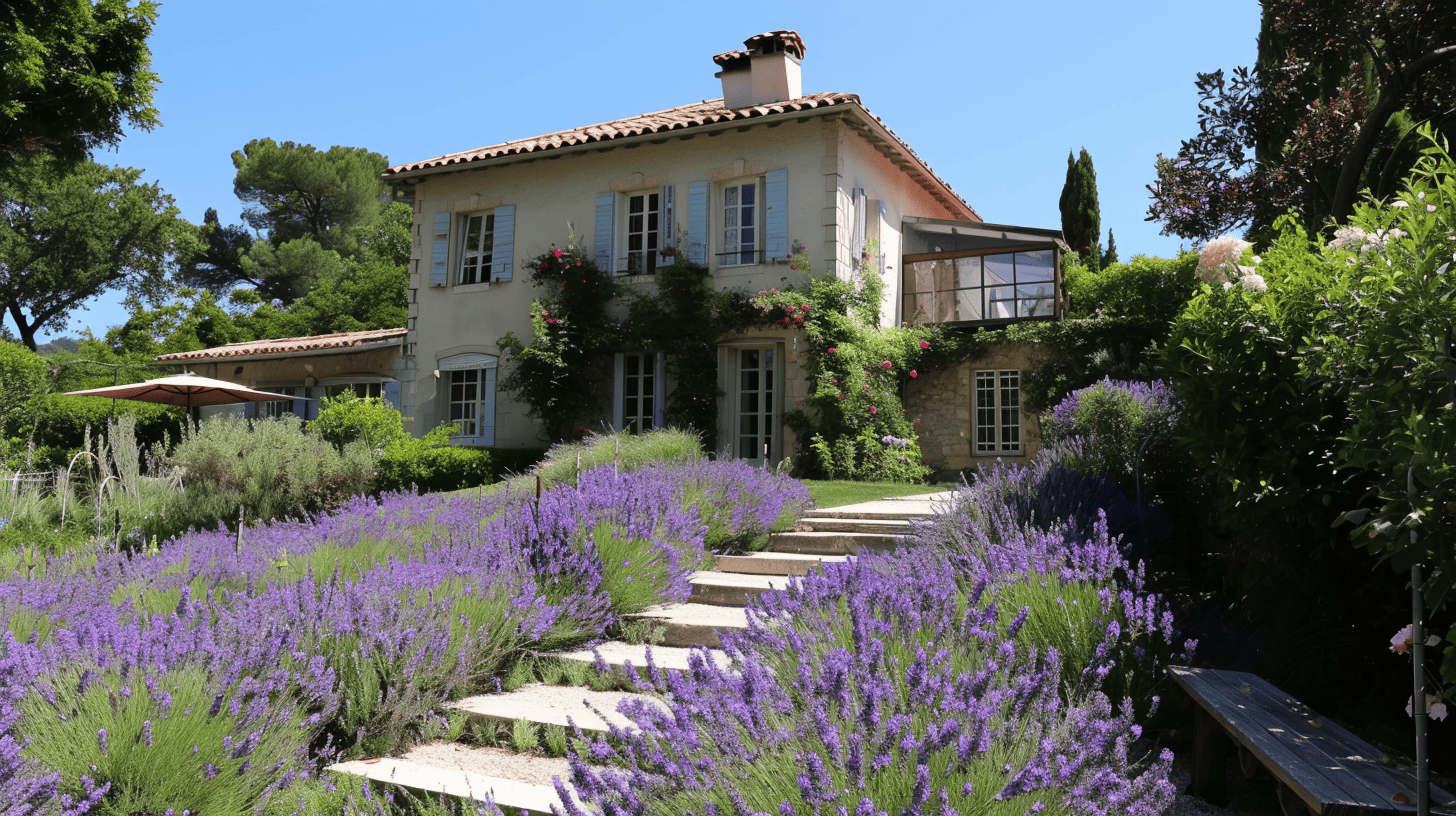 A french villa with stone steps leading up to the house which is lined with lavender bushes in flower