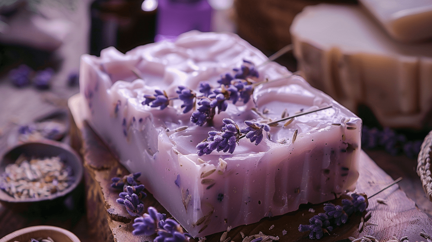 freshly cut homemade lavender soap on a wooden table with sprigs of lavender