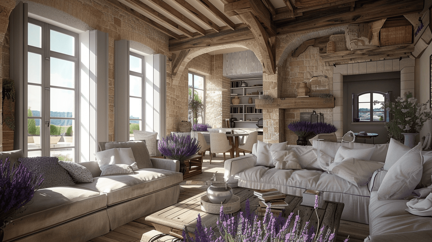 French country decor using creams and neutral tones with a splash of lavender