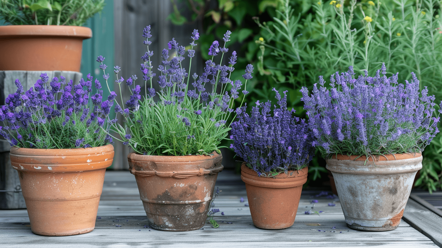5 terracotta pots with 5 different varieties of dwarf lavender 5 terracotta pots with 5 different varieties of dwarf lavender