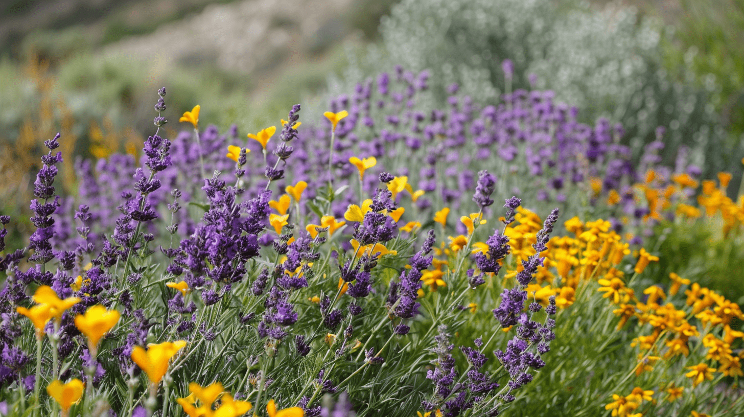 easy to grow lavender in a rock garden with some yellow daisies easy to grow lavender in a rock garden with some yellow daisies