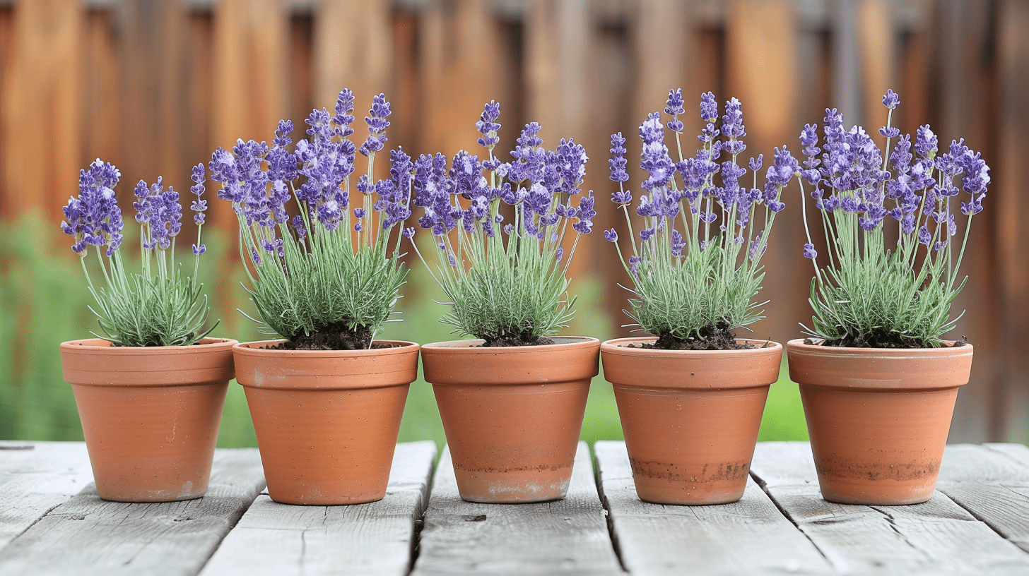 5 terracotta pots with lavender newly planted out and in a row