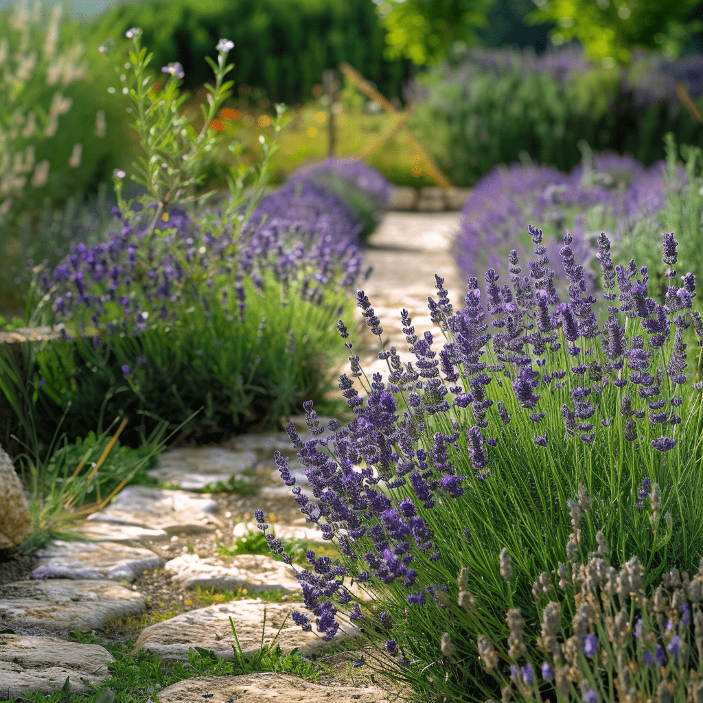 A stone pathway leading through two mixed borders containing lavender and cottage garden plants