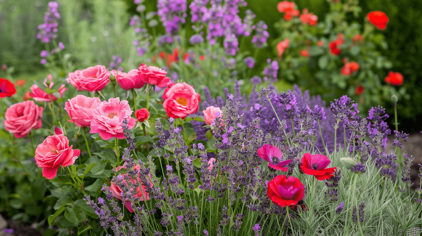 Lavender growing with roses and poppies Lavender growing with roses and poppies
