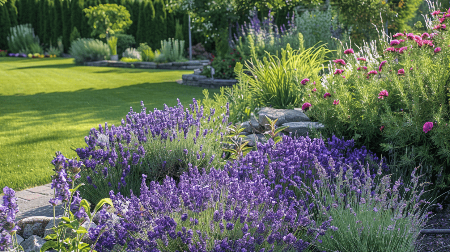 deep mixed border beds of lavender and other cottage plants deep mixed border beds of lavender and other cottage plants