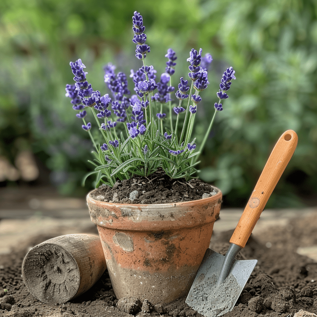 Recently planted lavender in a terracotta pot Recently planted lavender in a terracotta pot