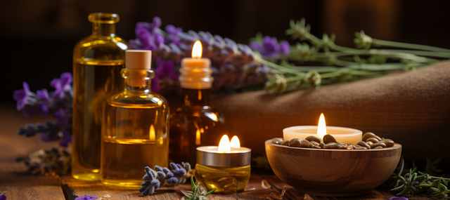 An array of lavender oils and products for well-being on a table. An array of lavender oils and products for well-being on a table.