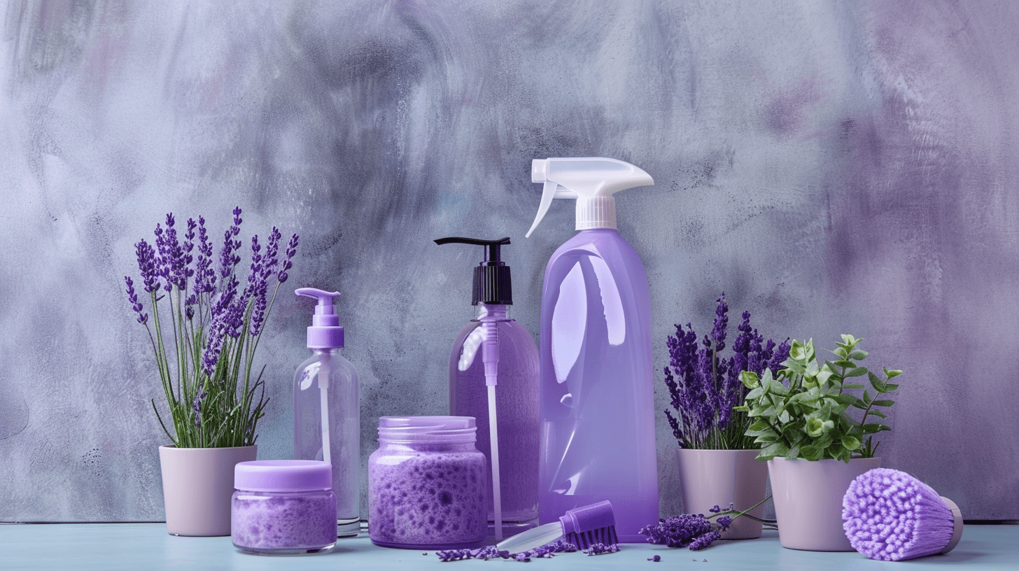 A number of spray bottles filled with homemade cleaning products with lavender sprigs