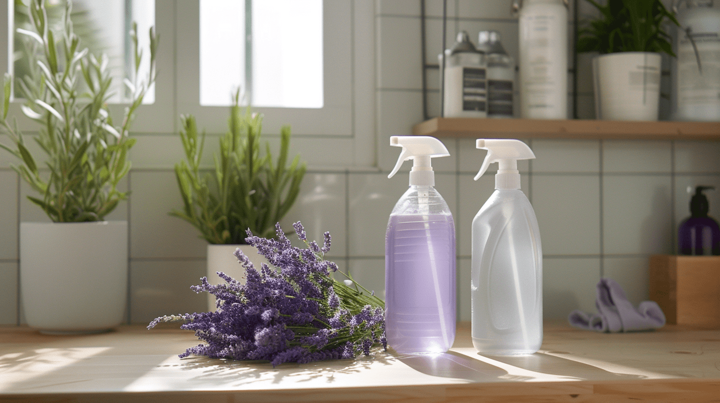 two spray bottles of homemade air freshener on a laundry counter with a bunch of lavender lying next to them