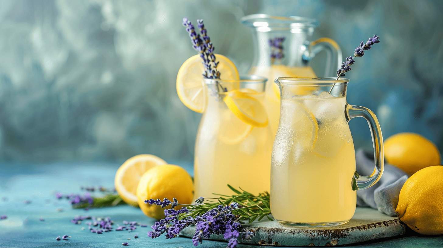 jugs of homemade lavender lemonade on a table with lemons and lavender