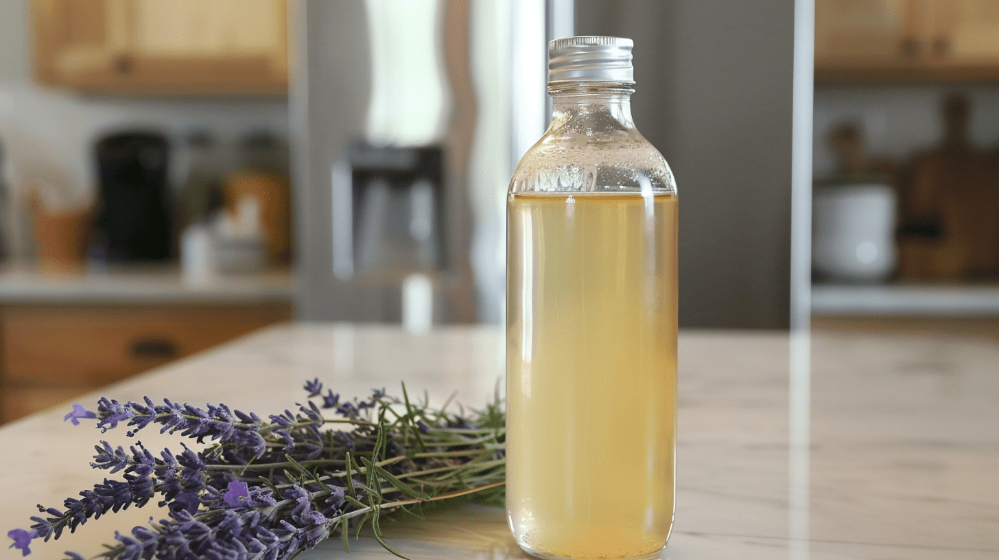 A bottle of homemade stain remover made from castile soap with a sprig of lavender next to it. A bottle of homemade stain remover made from castile soap with a sprig of lavender next to it.