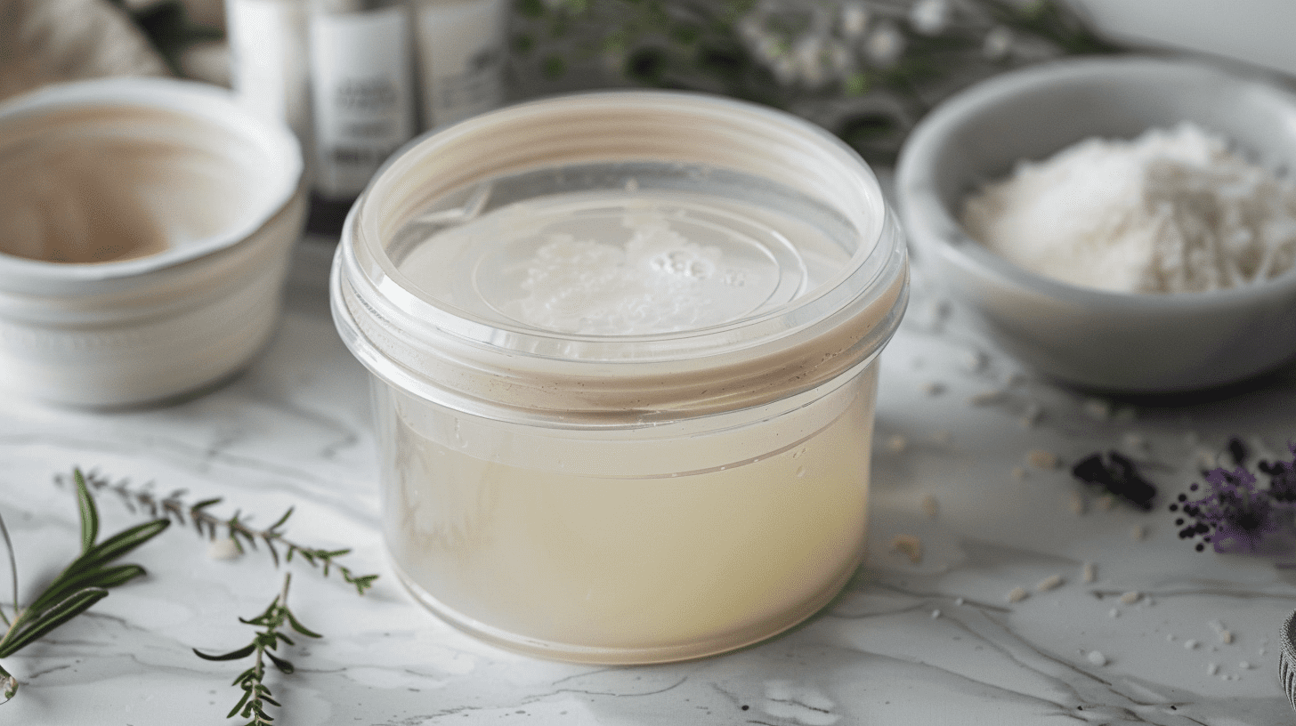 A tub of homemade stain remover with a small bowl of baking of soda next to it with lavender flowers scattered around A tub of homemade stain remover with a small bowl of baking of soda next to it with lavender flowers scattered around