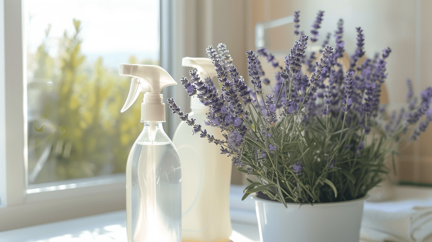 Two spray bottles with a window in the background with lavender in a white ceramic pot in the foreground