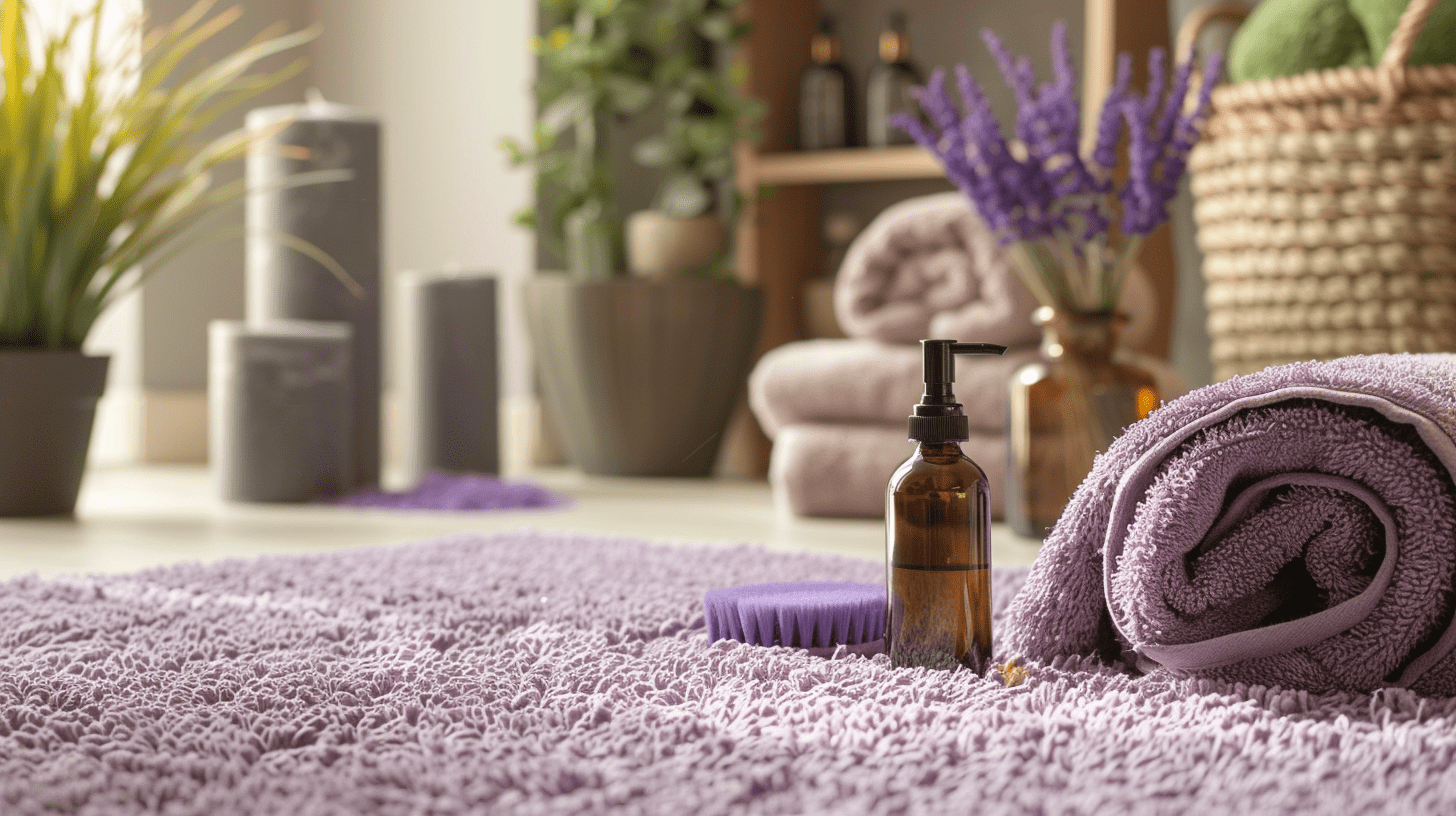 A carpet in the foreground with some rolled up towels and lavender oil in a glass bottle on the floor
