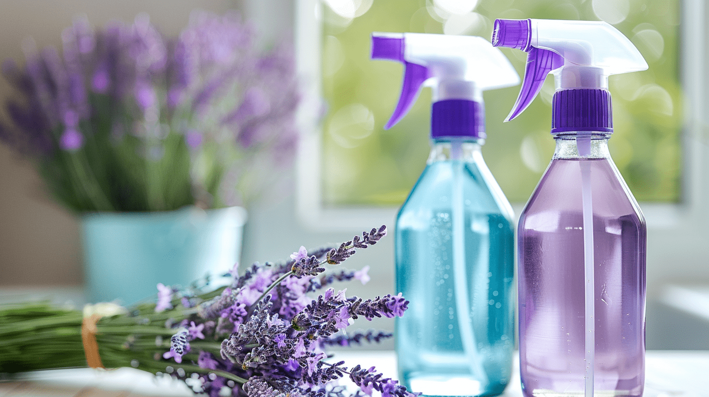 Spray bottles in front of a laundry window with lavender next to them