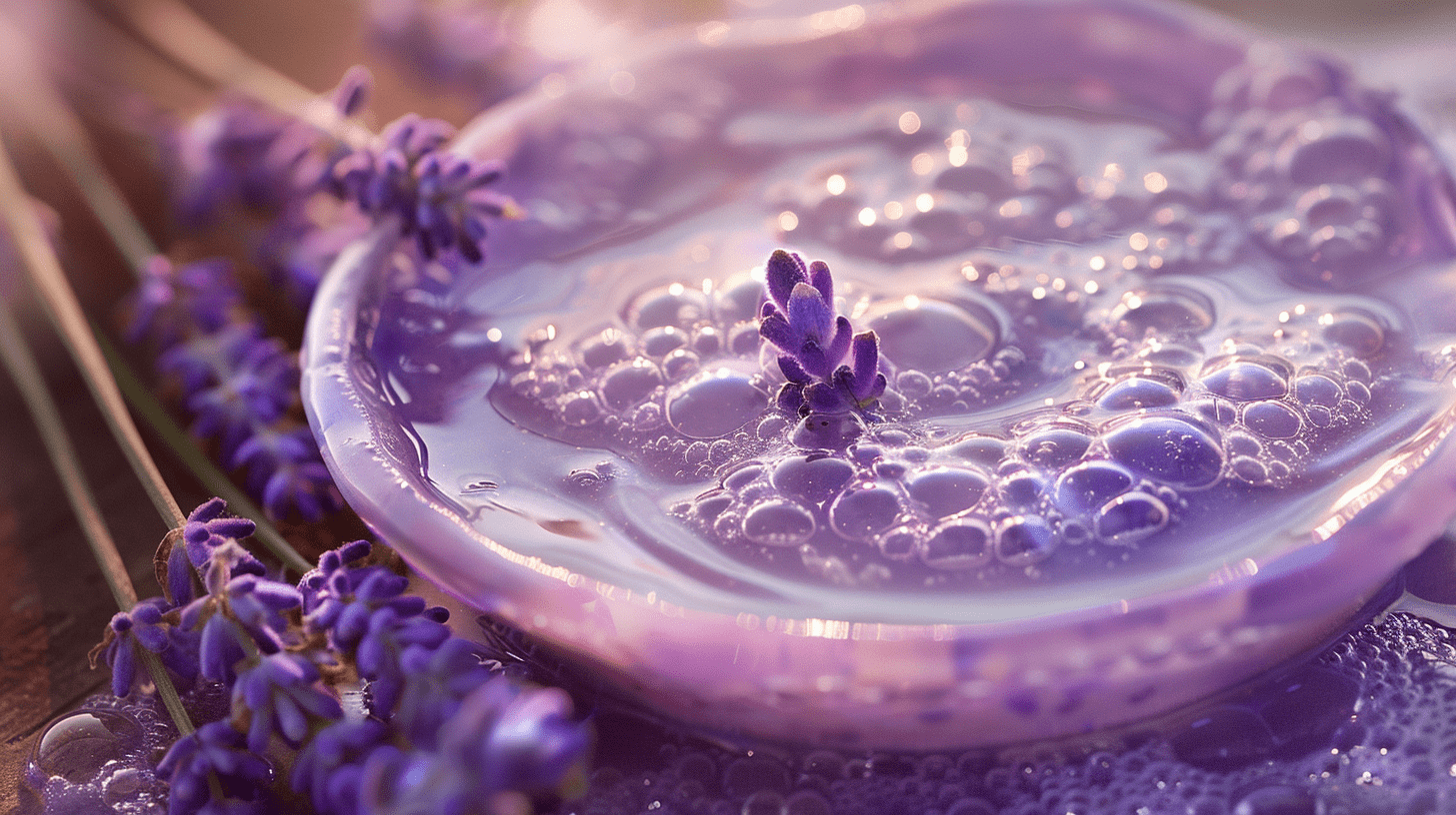 A ceramic bowl filled with dish soap, bubbles and lavender present