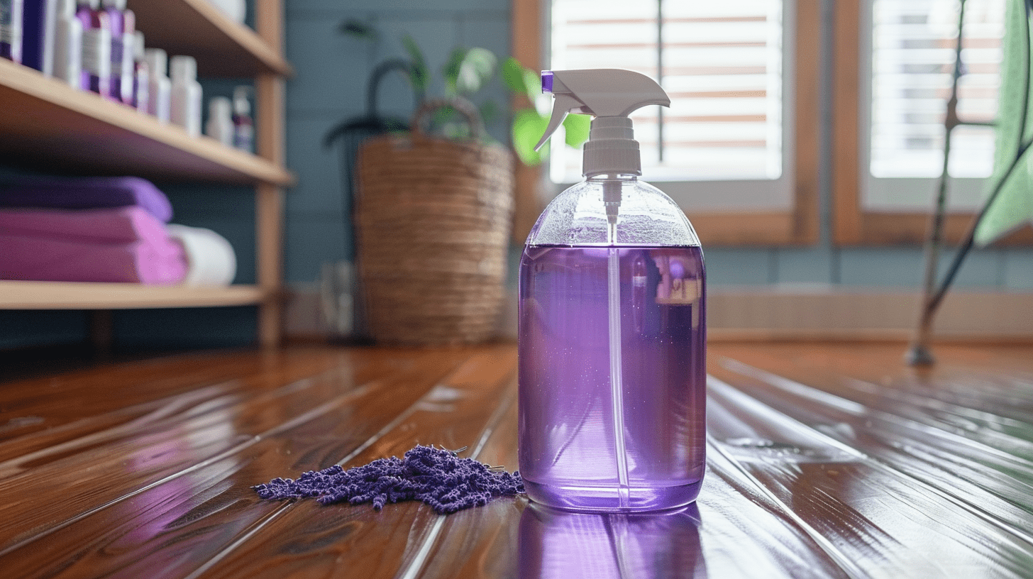 A spray bottle of homemade lavender cleaner sitting on a highly polished wooded floor with lavender flowers next to the bottle