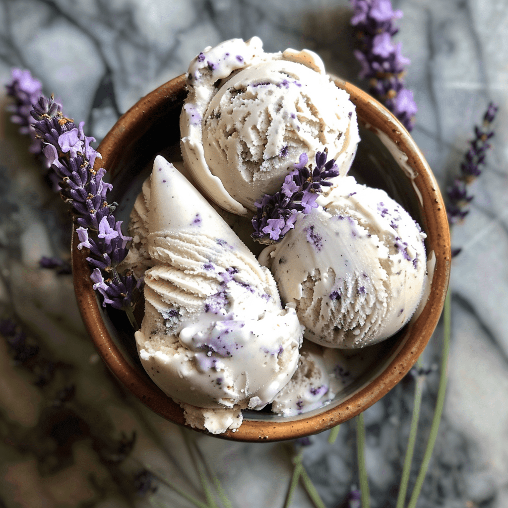3 scoops of lavender and honey ice cream in a glass dessert bowl with a sprig of lavender next to it.
