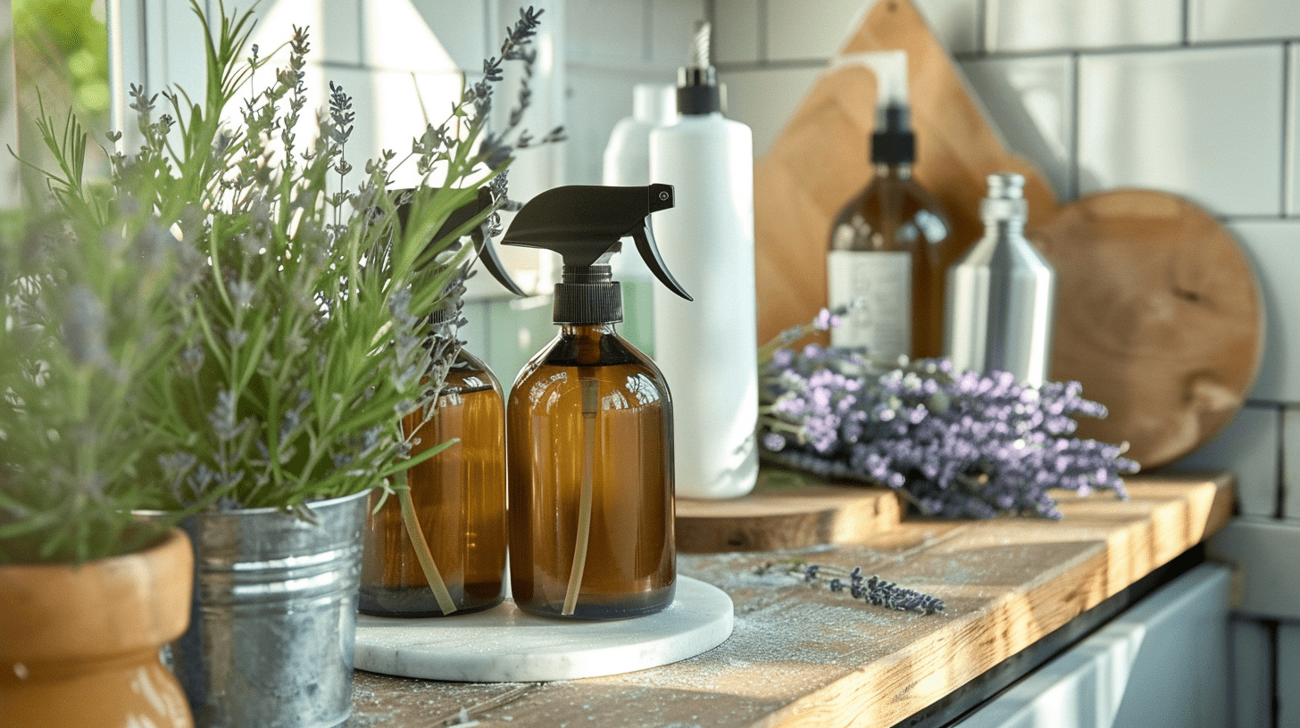two spray bottles of lavender water with pots of lavender in a laundry room two spray bottles of lavender water with pots of lavender in a laundry room