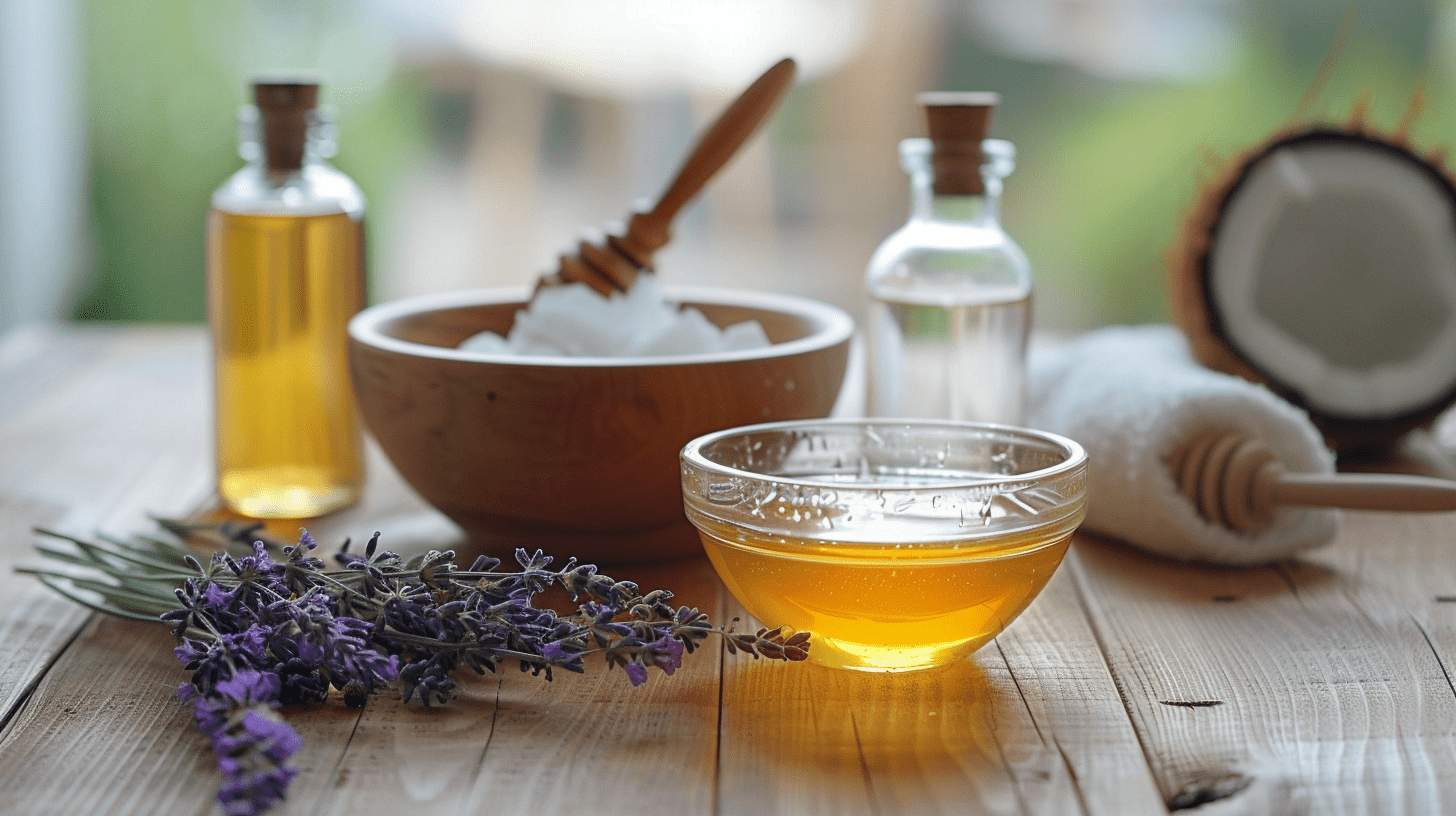 ingredients on a kitchen table to make a homemade hair mask using lavender, honey and coconut oil ingredients on a kitchen table to make a homemade hair mask using lavender, honey and coconut oil