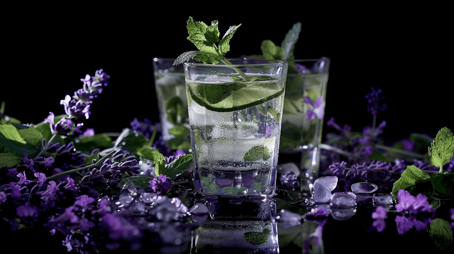 3 glasses of mint and lavender mojito on a black background with mint, ice cubes and lavender next to the glasses