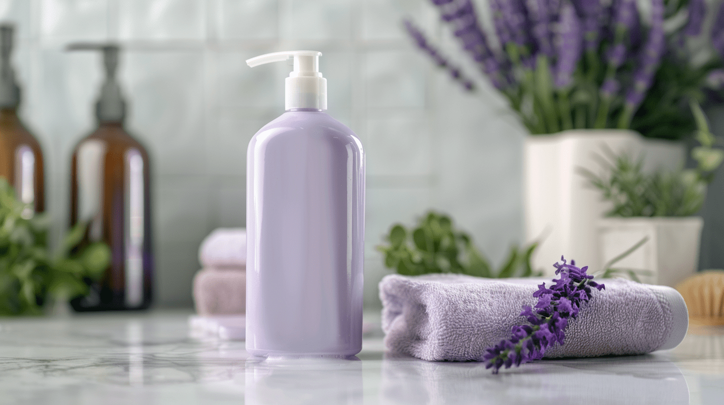 a bottle of lavender and mint shampoo with a rolled up towel a bottle of lavender and mint shampoo with a rolled up towel