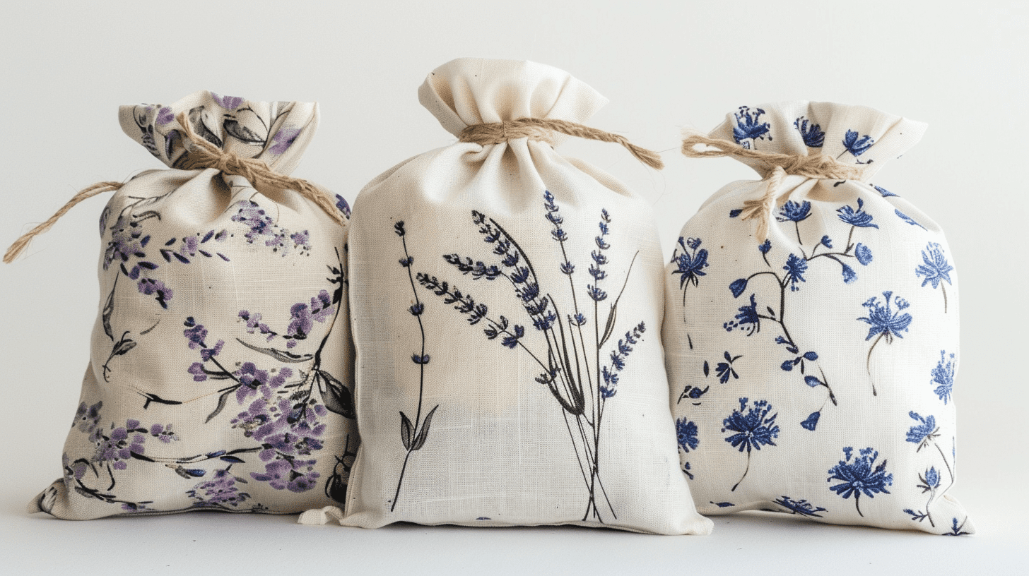 Lavender bags filled with lavender and tied off with some string