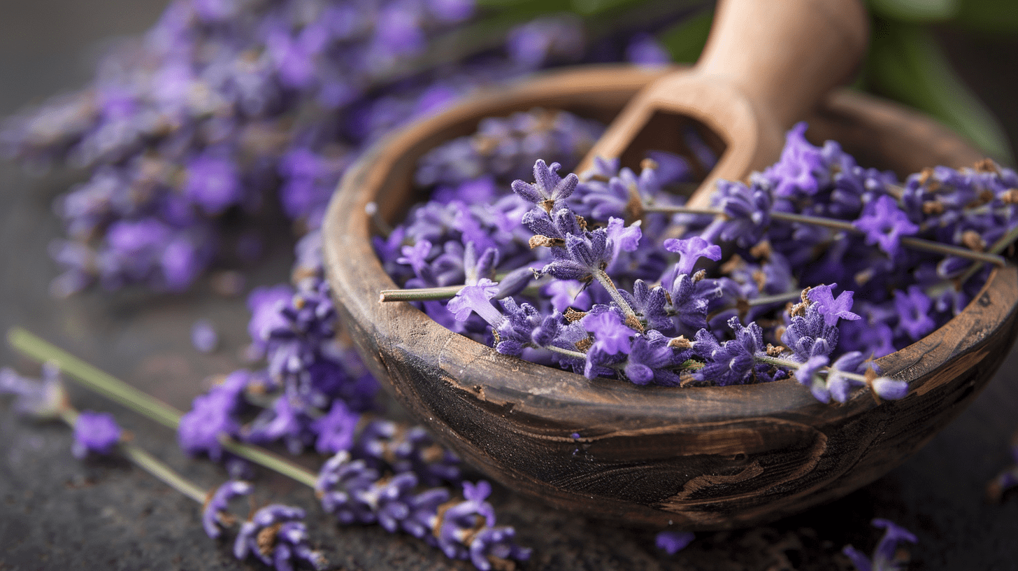 lavender buds in a wooden bowl with a wooden scoop lavender buds in a wooden bowl with a wooden scoop