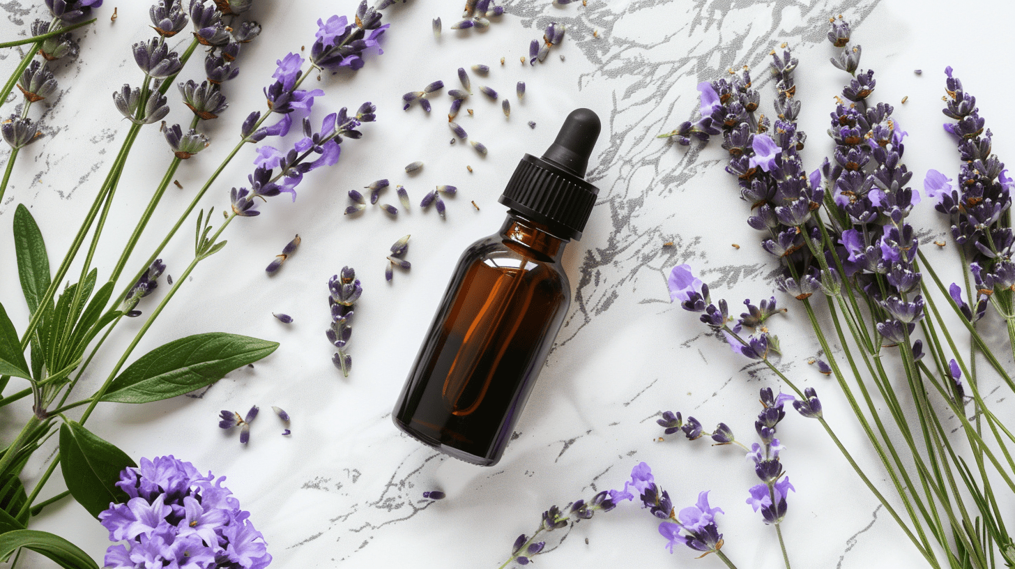 lavender bug repellent in a dark dropper bottle lying on a white background surrounded by lavender