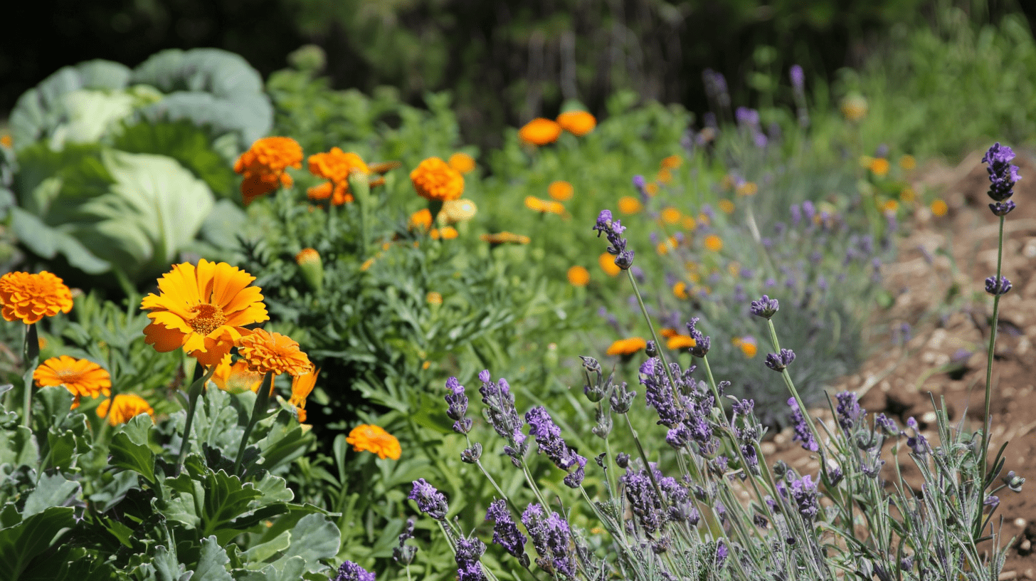 growing lavender, marigolds and calendula in a vegetable garden growing lavender, marigolds and calendula in a vegetable garden