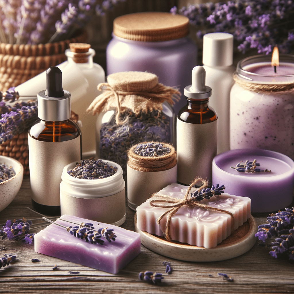Picture of an assortment of health and wellness products centered around the theme of lavender. These might include bottles of essential oil with lavender flower imprints on the labels, a jar of lavender scented lotion, a small bag of dried lavender flowers ready for tea or a bath, a lavender scented candle with a subtle purple hue, and a bar of handmade lavender soap with bits of lavender buds embedded in it. All items are arrayed on a rustic wooden table under the soft glow of natural light, giving a feel of pure and serene ambiance.