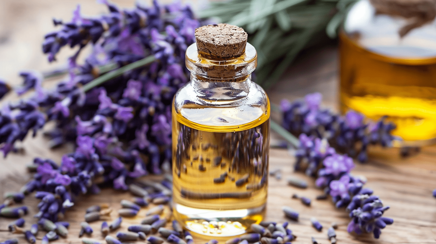 a bottle of oil blend for hair with some lavender spikes next to it a bottle of oil blend for hair with some lavender spikes next to it