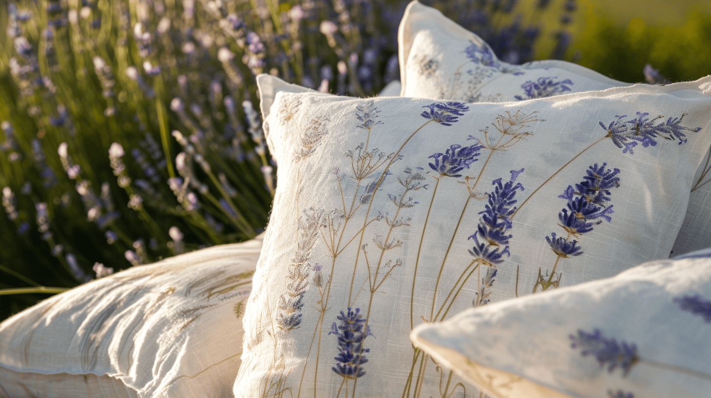 Two cotton lavender printed cushions next to some lavender bushes.