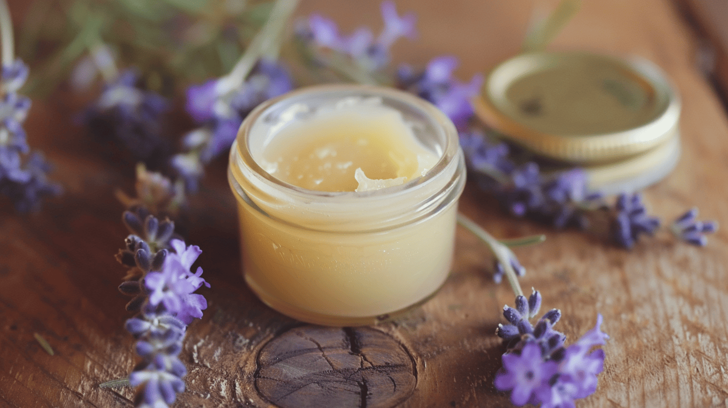 A homemade lavender salve in a glass container A homemade lavender salve in a glass container