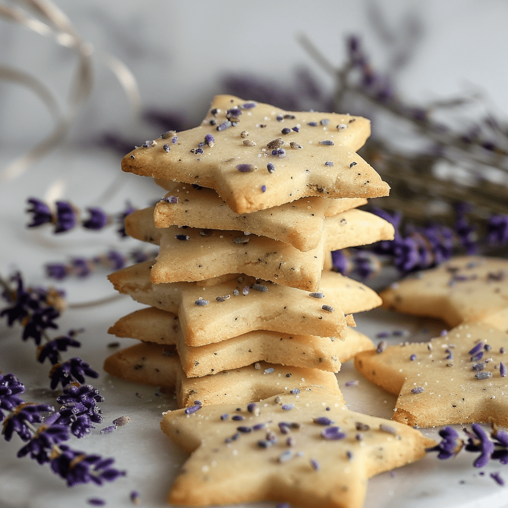 A plate of star-shaped lavender cookies sprinkled with dried lavender seeds